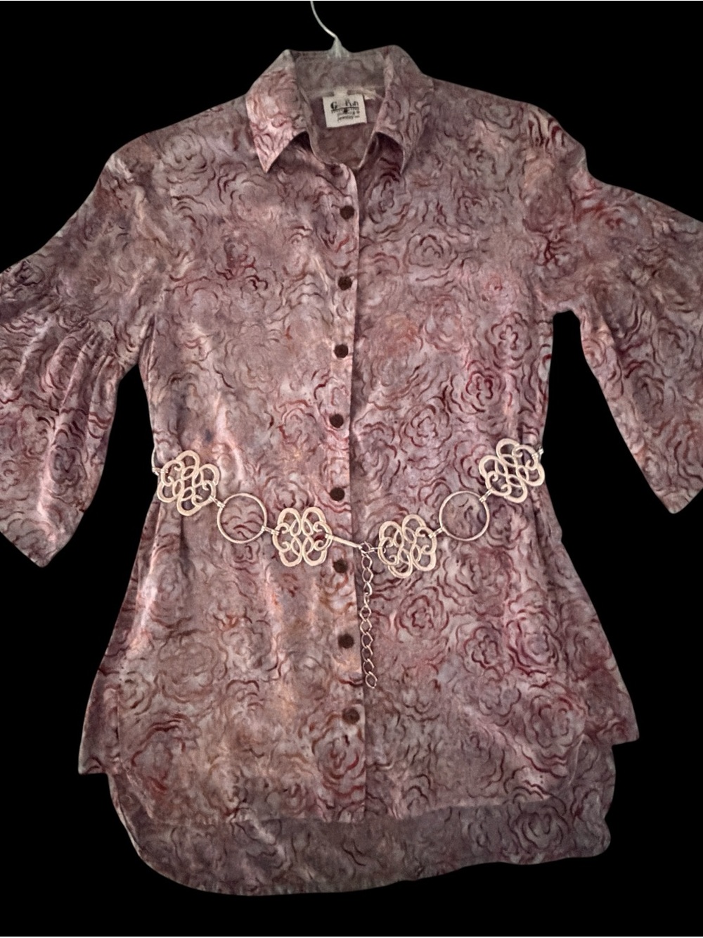 Go Fish Clothing Co. Abstract Floral Swirl Ruffle Sleeve Button Down Tunic Top S